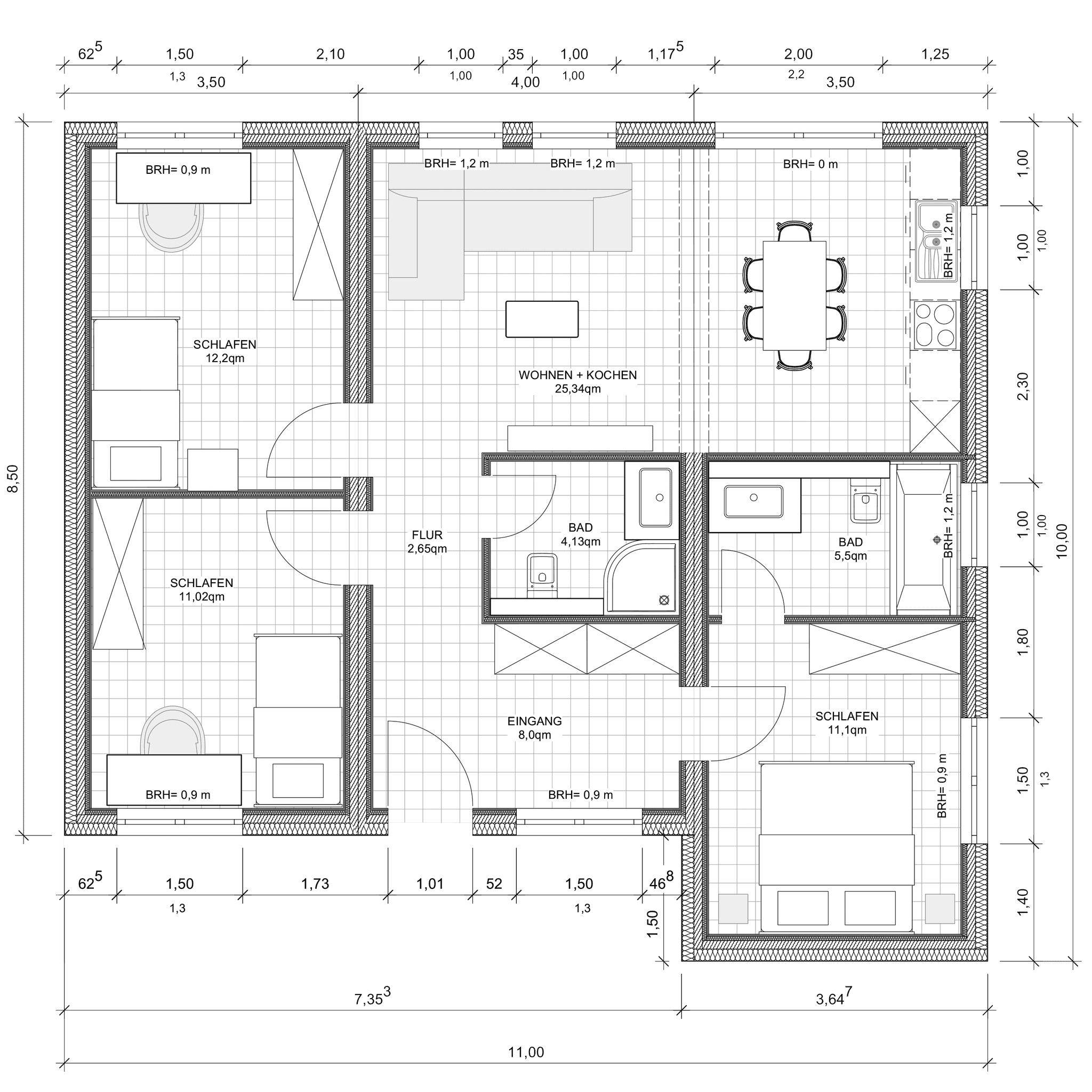 Grundriss von einem Modulbaus aus 3 Modulen, mit 3 Schlafzimmern und 2 Bädern und einer großen Wohnküche.
